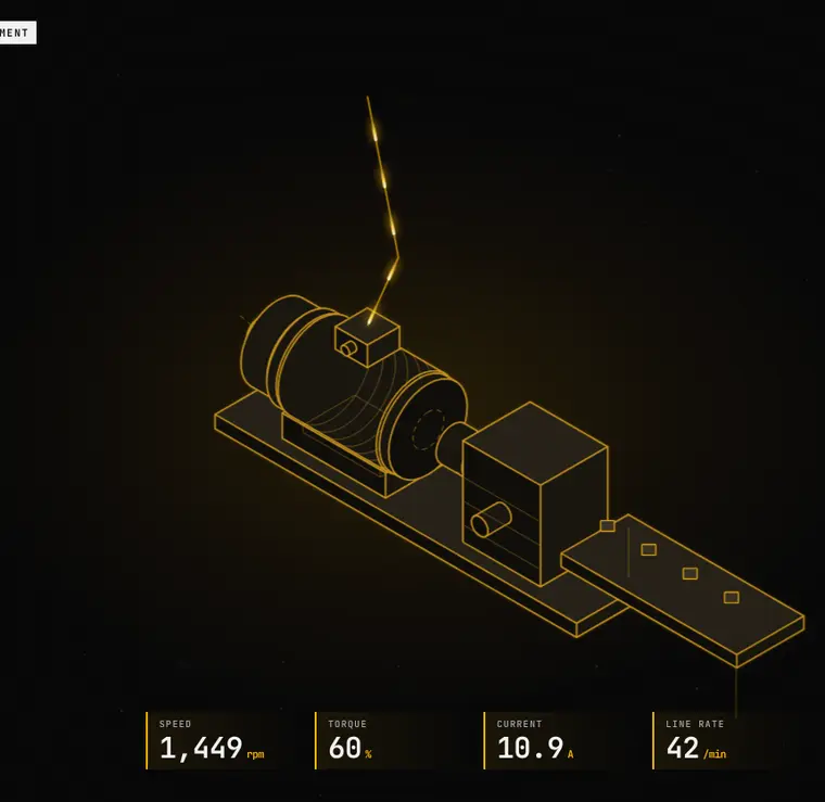 Still frame of this chapter of the illustrative conveyor-drive scroll story (synthetic scenario).